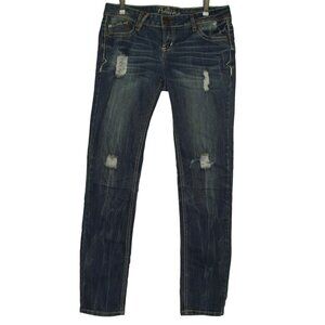 Rue21Jeans Womens 7/8 Low Rise Skinny Embroidered Fleur-de-lis Pockets destroyed